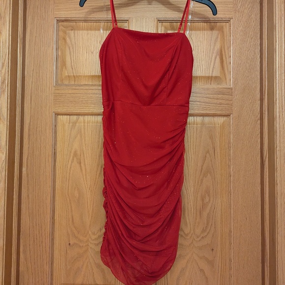 Midnight Doll Spaghetti Strap Square Neck Glitter Ruched Dress - Picture 3 of 11